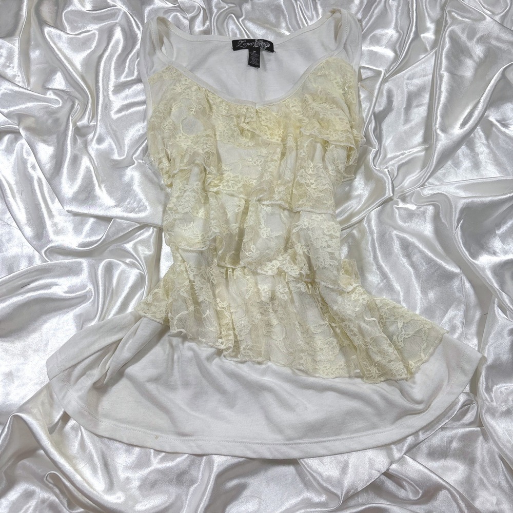 y2k Tank Top White Cream Excellent Zena Tiered Lace Ruffle Sleeveless Scoop Neck